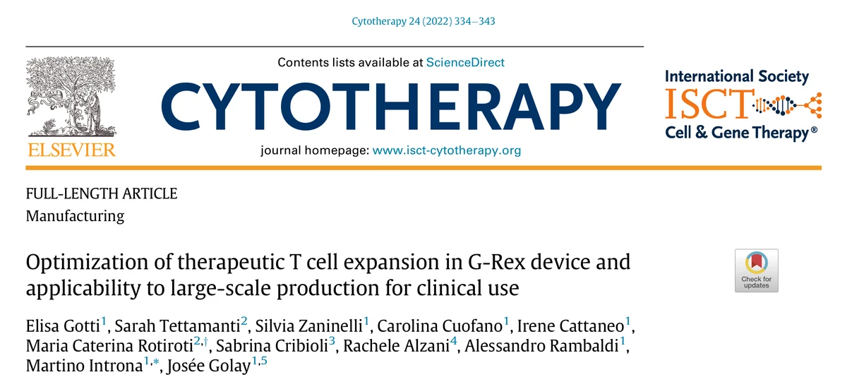 Title page of the manuscript "Optimization of therapeutic T cell expansion in G-Rex® device and applicability to large-scale production for clinical use"