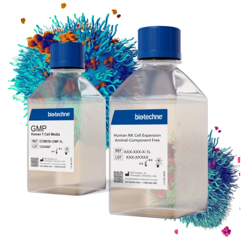 Two ExCellerate Media bottles by Bio-Techne — GMP Human T Cell Media and Animal-Component Free Human NK Cell Expansion Media for cell therapy manufacturing