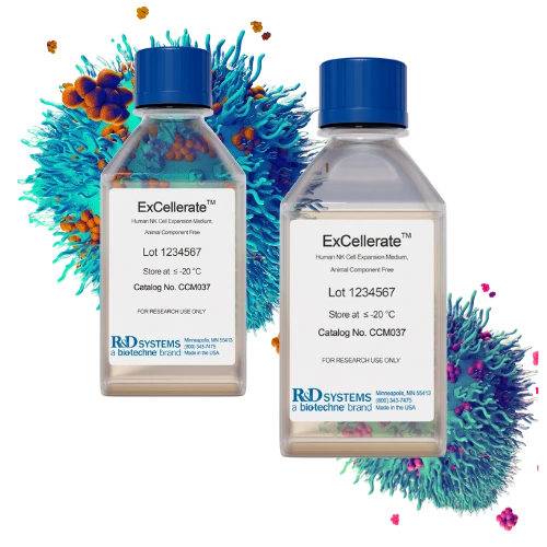 Two ExCellerate Human NK Cell Expansion Medium bottles (CCM037) by Bio-Techne — animal-component free RUO media for research-grade NK cell therapy development