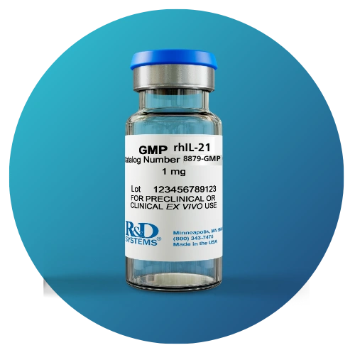 Bio-Techne GMP rhIL-21 vial, animal-free recombinant human IL-21 protein for T cell and NK cell therapy manufacturing, available in RUO and GMP grades