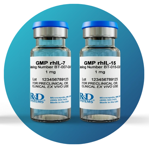 Bio-Techne GMP rhIL-7 and rhIL-15 vials, animal-free recombinant human IL-7 and IL-15 proteins for T cell and NK cell therapy manufacturing