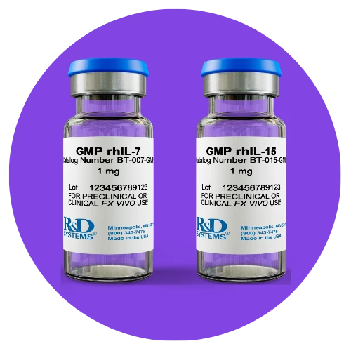 GMP cytokine vials by Bio-Techne — Recombinant Human IL-7 (BT-007-GMP) and IL-15 (BT-015-GMP) for T cell and NK cell expansion in cell therapy