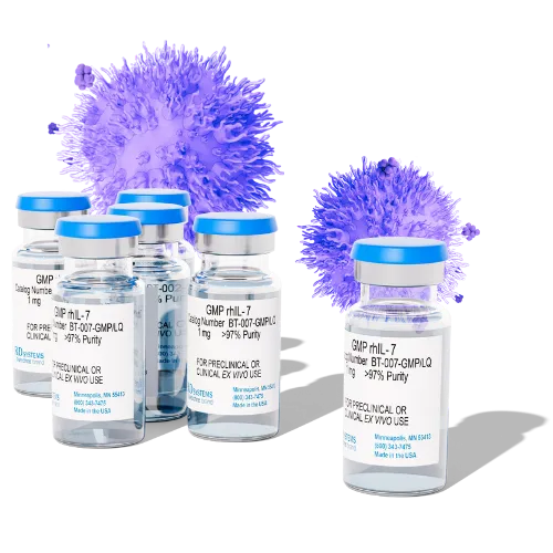 GMP rhIL-7 vials from Bio-Techne (BT-007-GMP/LQ) with purple T cell illustration, ready-to-use liquid cytokines for cell therapy culture
