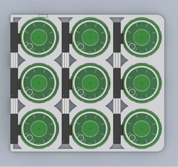 Bird's eye view of nine SMART G-Rex devices configured in a 3x3 array of continuous readers for high-density cell therapy manufacturing
