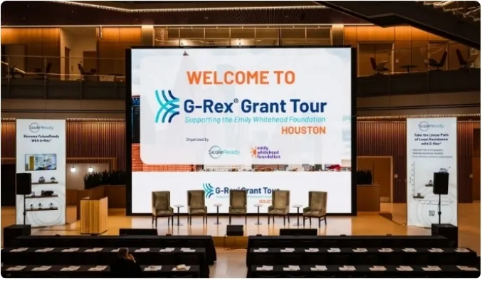 Welcome screen at the G-Rex Grant Tour 2026 Houston event at Texas Medical Center Helix Park, organized by ScaleReady and the Emily Whitehead Foundation