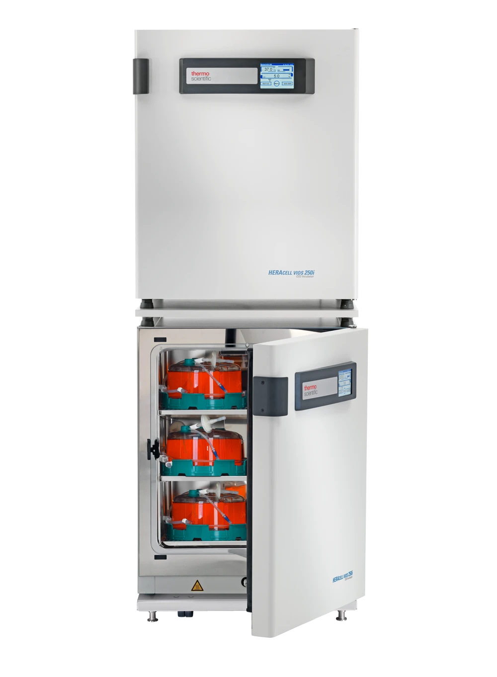 Stacked Thermo Scientific HERAcell VIOS 250i incubators housing multiple G-Rex bioreactors — high-throughput cell therapy manufacturing in a small cubic footprint
