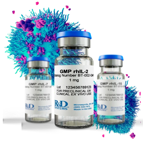GMP cytokine vials by Bio-Techne — IL-7 (BT-007-GMP), IL-2 (BT-002-GMP) and IL-15 (BT-015-GMP) — entire lots reservable for long-term cell therapy programs